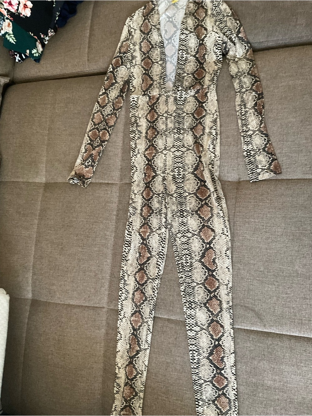 Daisy Snake-Print Plunge Jumpsuit in Brown and Cream